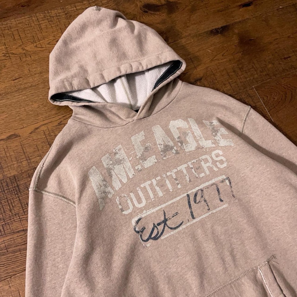 American Eagle Hoodie Mens XXL Cream Preppy Vintage Y2K Distressed Logo Fleece
